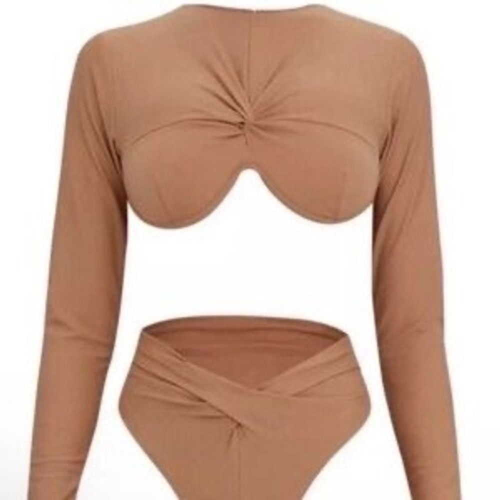 Andrea Iyamah NEW Akacia Long Sleeve Bikini‎ Top in Nude Size X-Small